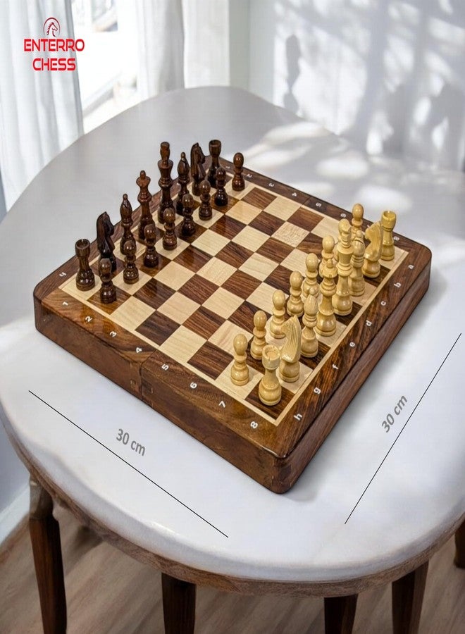 ENTERRO Chess Board Set Wooden 12" x 12" with NOTATIONS - Foldable Magnetic Wooden Chess Set with 2 Extra Queens, for All Ages - Image 4